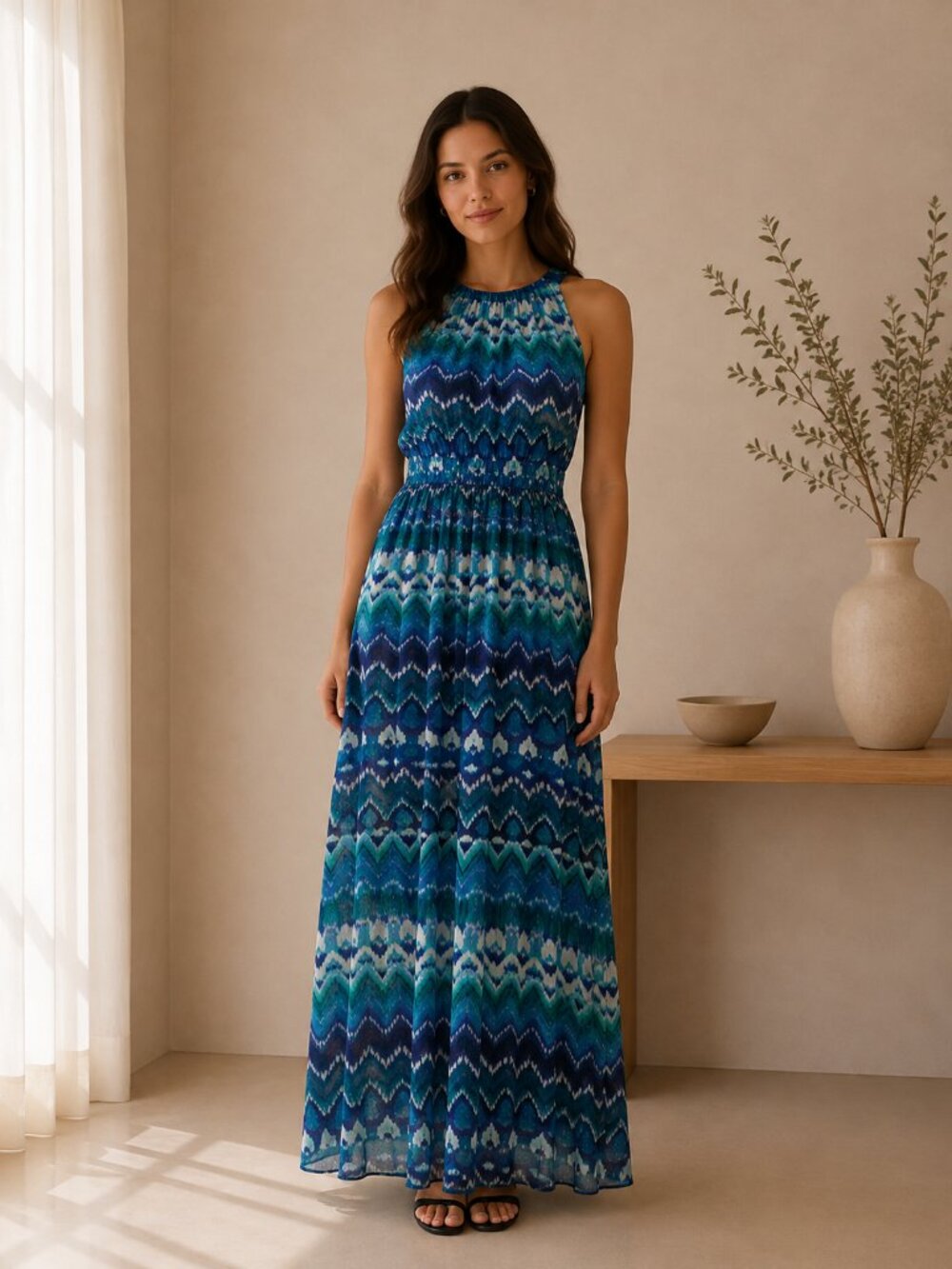 #16 Eliza J Blue Green Geometric Halter Maxi Dress Resort Wedding Guest 10 0251